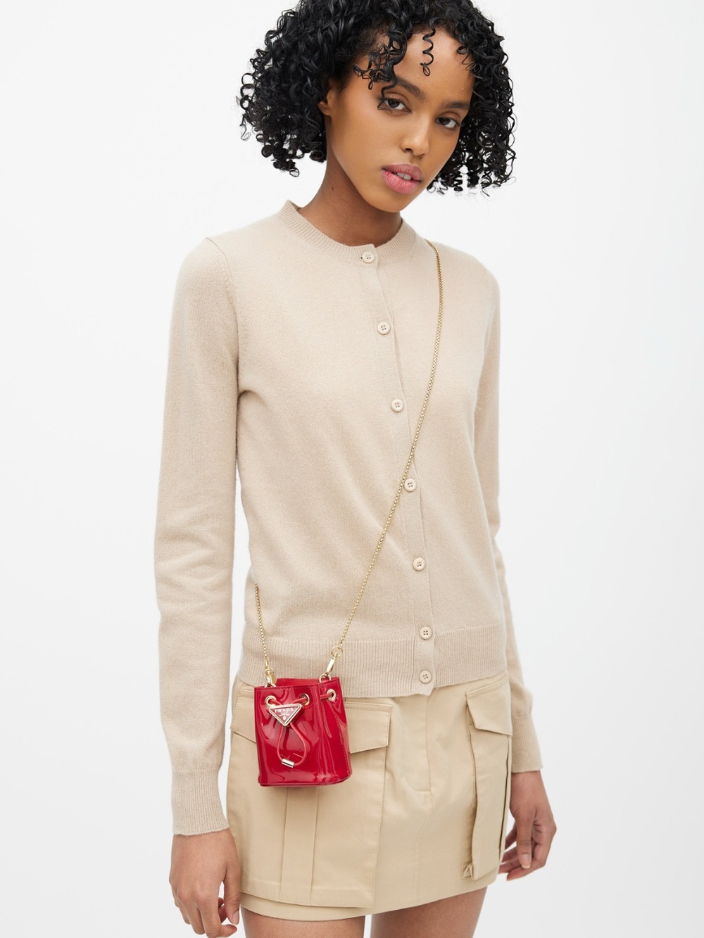 Prada Red Patent Leather Mini Crossbody Bucket Bag with Gold Chain